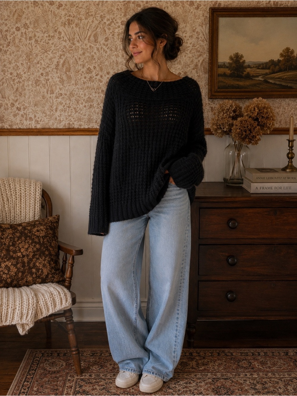 Maeve Black Scoop-Neck Chunky Knit Sweater